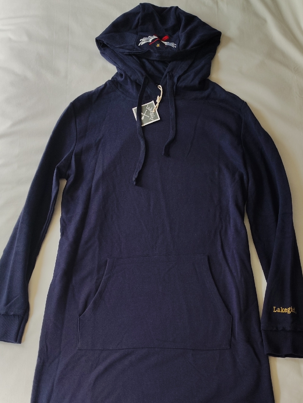 Lakegirl Navy Hooded Sweatshirt Midi Dress Winged Paddle Hood Sm NWT